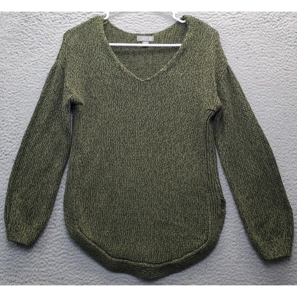 Cupcake Sweater Womens XS Green Knitted‎ Elbow Patch V-Neck Long Sleeve Pullover